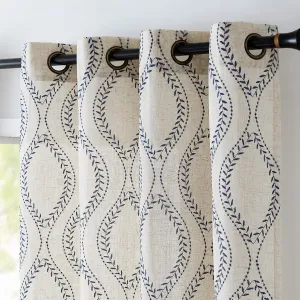 jinchan Linen Blend Curtains Beige Farmhouse Curtains 84 Inches Long Blue Embroidered Leaf Curtains for Living Room Ogee Geometry Drapes Light Filtering Grommet Country Curtain 2 Panels Blue on Flax