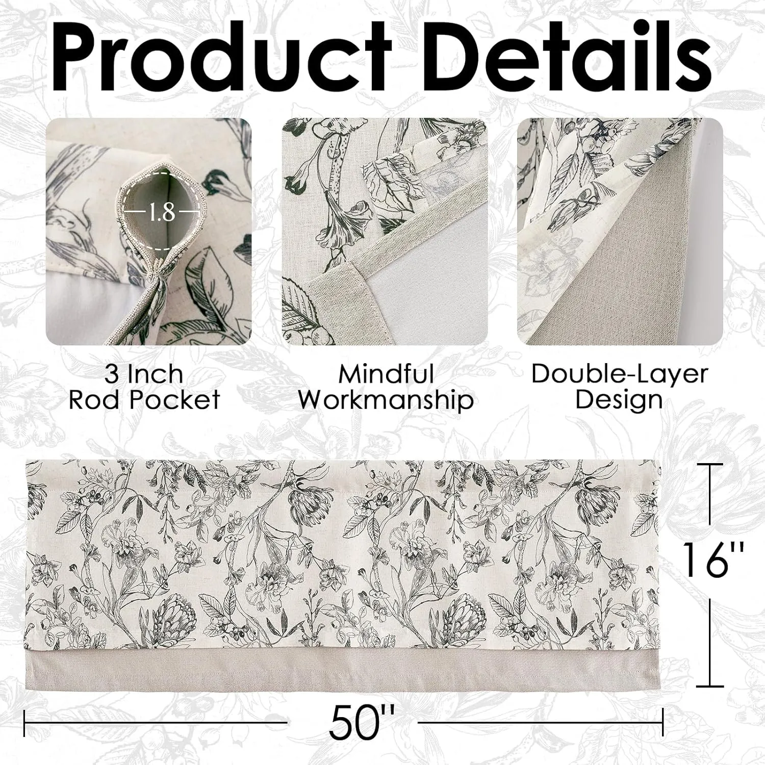 jinchan Linen Floral Valance for Windows Blackout Double Layer Valance Curtain 16 Inch Length for Living Room Bathroom Overlay Botanic Farmhouse Room Darkening 1 Panel Black on Beige