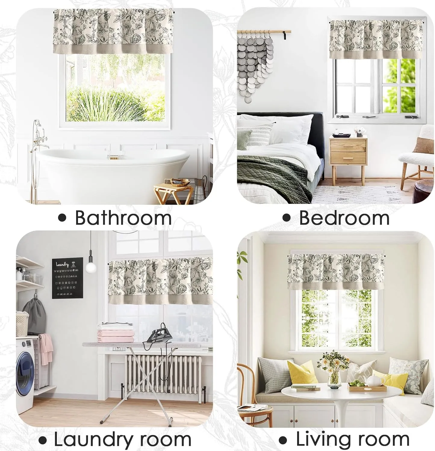 jinchan Linen Floral Valance for Windows Blackout Double Layer Valance Curtain 16 Inch Length for Living Room Bathroom Overlay Botanic Farmhouse Room Darkening 1 Panel Black on Beige