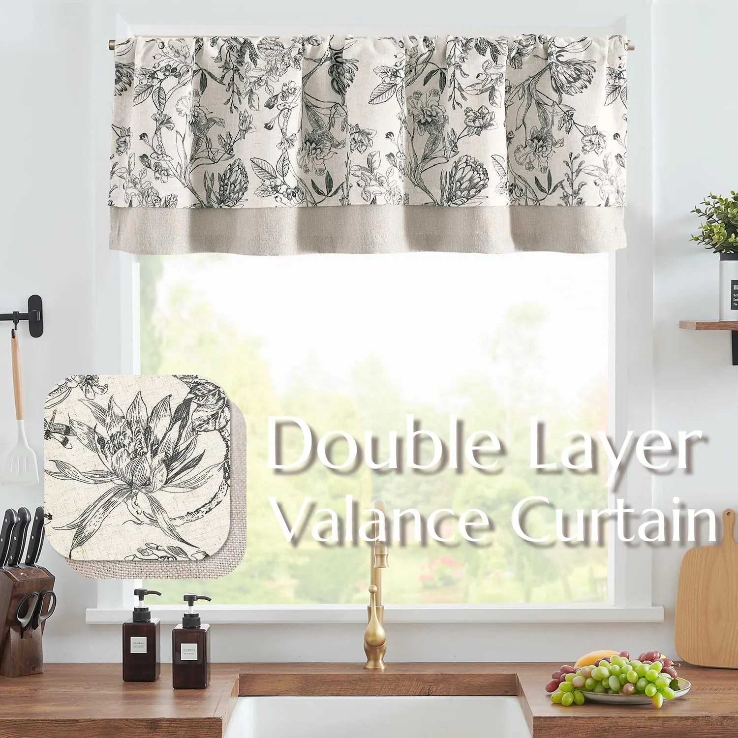 jinchan Linen Floral Valance for Windows Blackout Double Layer Valance Curtain 16 Inch Length for Living Room Bathroom Overlay Botanic Farmhouse Room Darkening 1 Panel Black on Beige