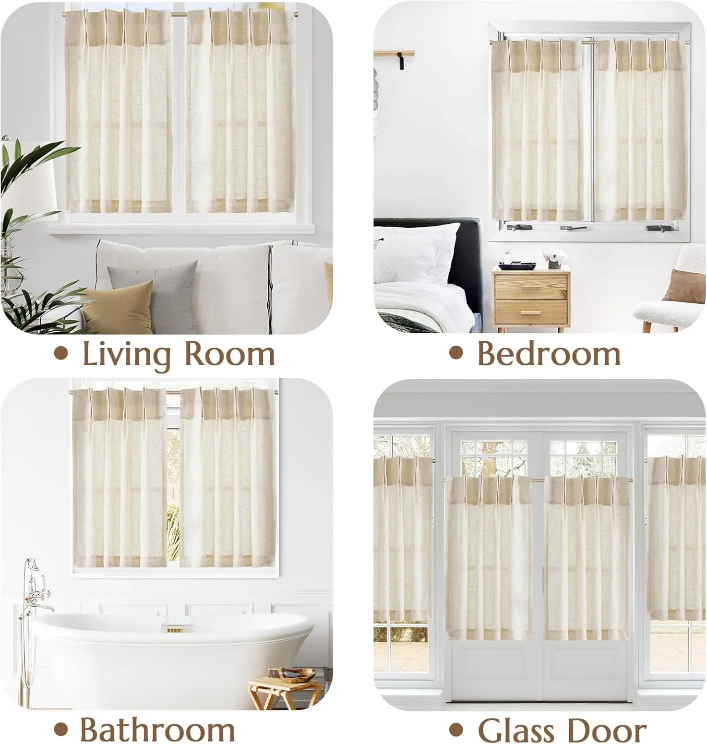 jinchan Linen Pinch Pleated Kitchen Curtains 36 Inch 2 Panels, Natural Linen Tier Curtains Back Tab Beige Farmhouse Cafe, Light Filtering Small Window Drapes for Bathroom Laundry Room Crude