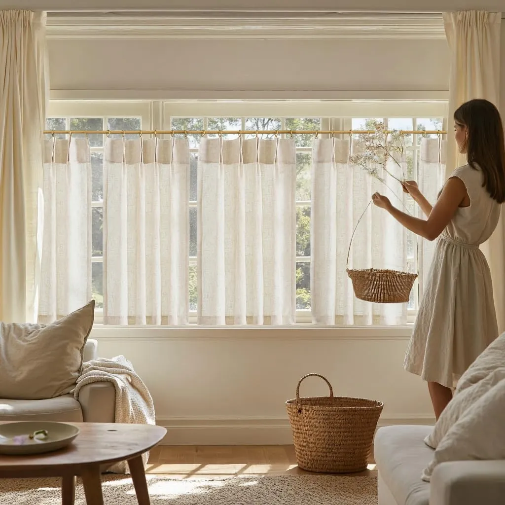 jinchan Linen Pinch Pleated Kitchen Curtains 36 Inch 2 Panels, Natural Linen Tier Curtains Back Tab Beige Farmhouse Cafe, Light Filtering Small Window Drapes for Bathroom Laundry Room Crude