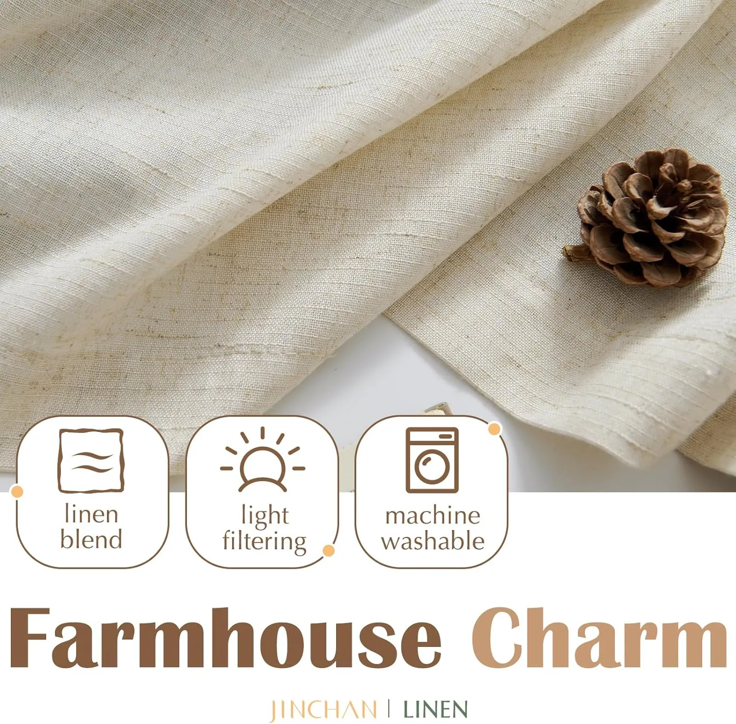 jinchan Linen Pinch Pleated Kitchen Curtains 36 Inch 2 Panels, Natural Linen Tier Curtains Back Tab Beige Farmhouse Cafe, Light Filtering Small Window Drapes for Bathroom Laundry Room Crude