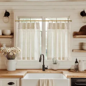jinchan Linen Pinch Pleated Kitchen Curtains 36 Inch 2 Panels, Natural Linen Tier Curtains Back Tab Beige Farmhouse Cafe, Light Filtering Small Window Drapes for Bathroom Laundry Room Crude
