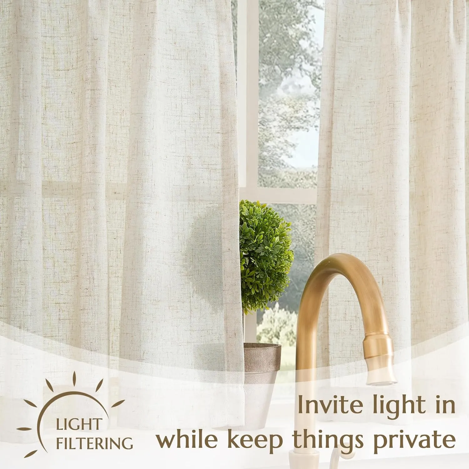 jinchan Linen Pinch Pleated Kitchen Curtains 36 Inch 2 Panels, Natural Linen Tier Curtains Back Tab Beige Farmhouse Cafe, Light Filtering Small Window Drapes for Bathroom Laundry Room Crude