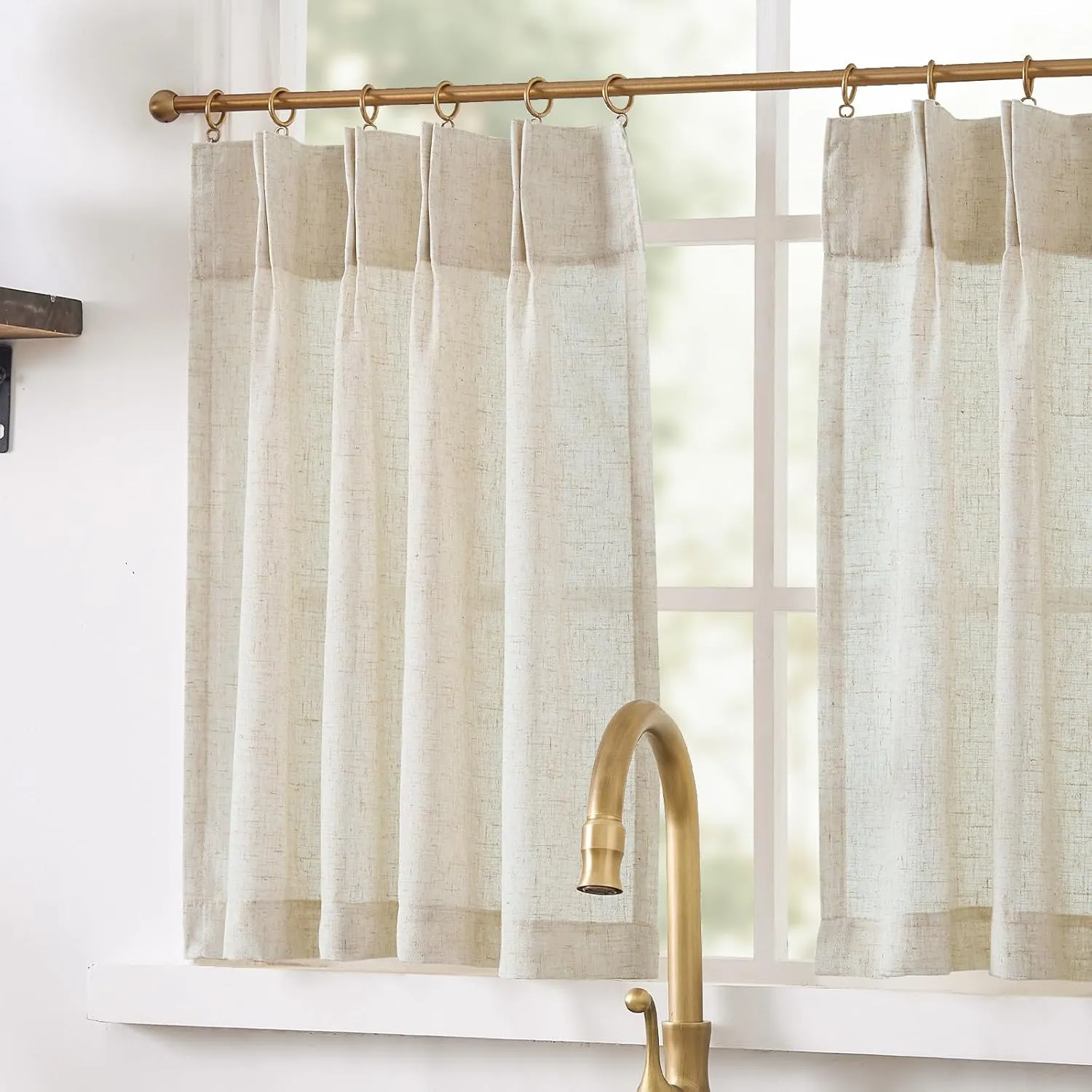 jinchan Linen Pinch Pleated Kitchen Curtains 36 Inch 2 Panels, Natural Linen Tier Curtains Back Tab Beige Farmhouse Cafe, Light Filtering Small Window Drapes for Bathroom Laundry Room Crude