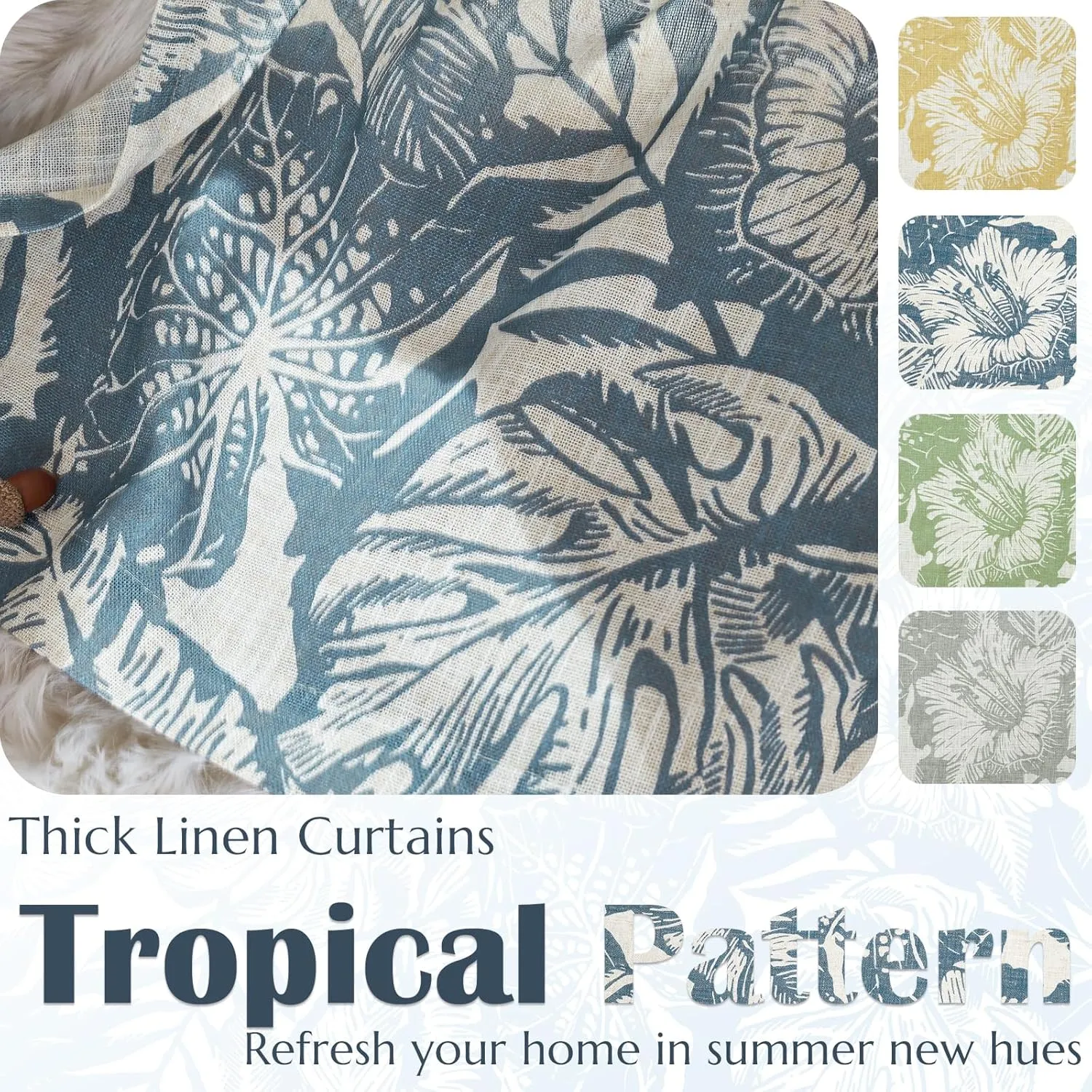 jinchan Thick Linen Curtains - 63 Inch Length Leaf Pattern Blue Floral Curtains for Living Room & Bedroom - William Morris Tropical French Country Farmhouse Style - Set of 2 Panels