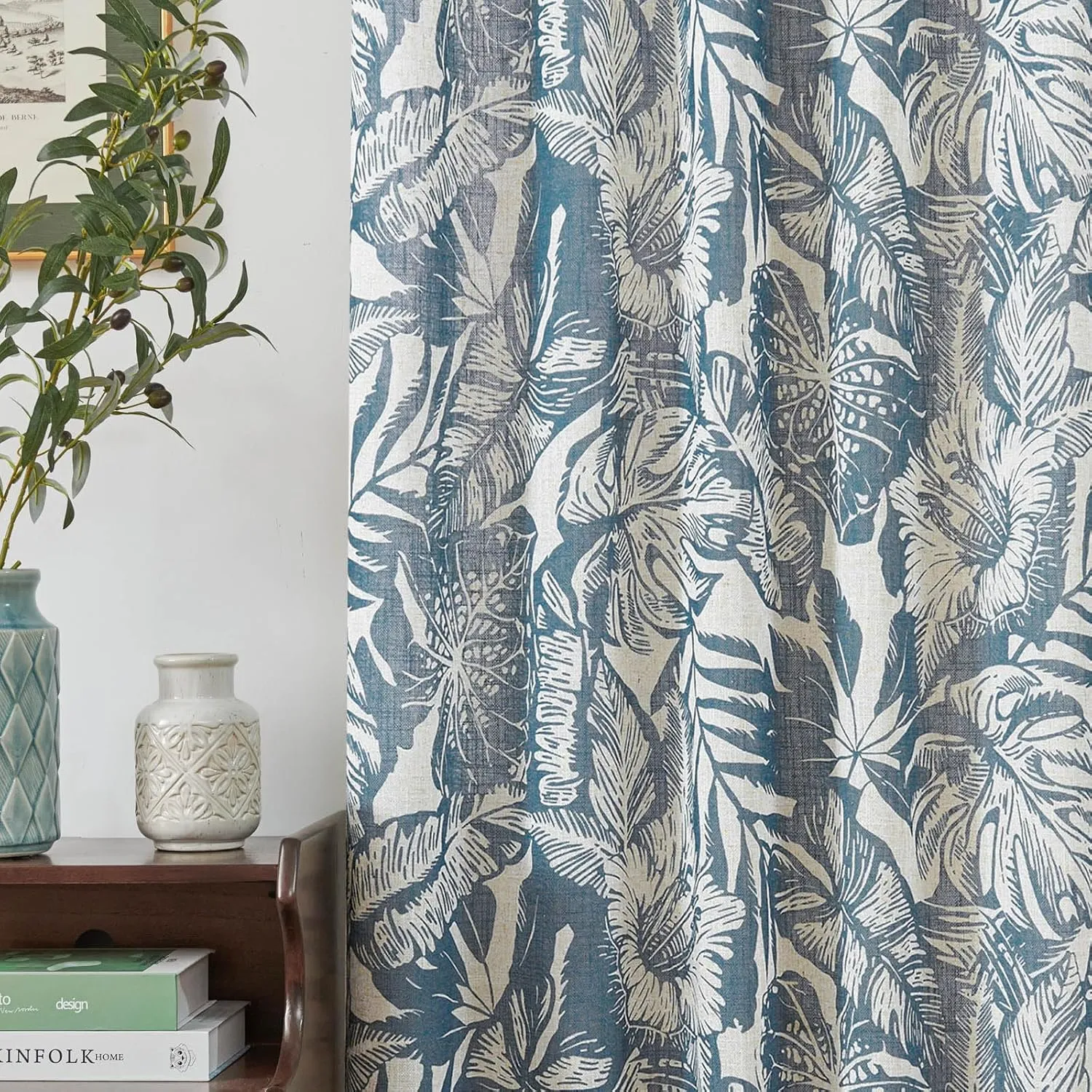 jinchan Thick Linen Curtains - 63 Inch Length Leaf Pattern Blue Floral Curtains for Living Room & Bedroom - William Morris Tropical French Country Farmhouse Style - Set of 2 Panels