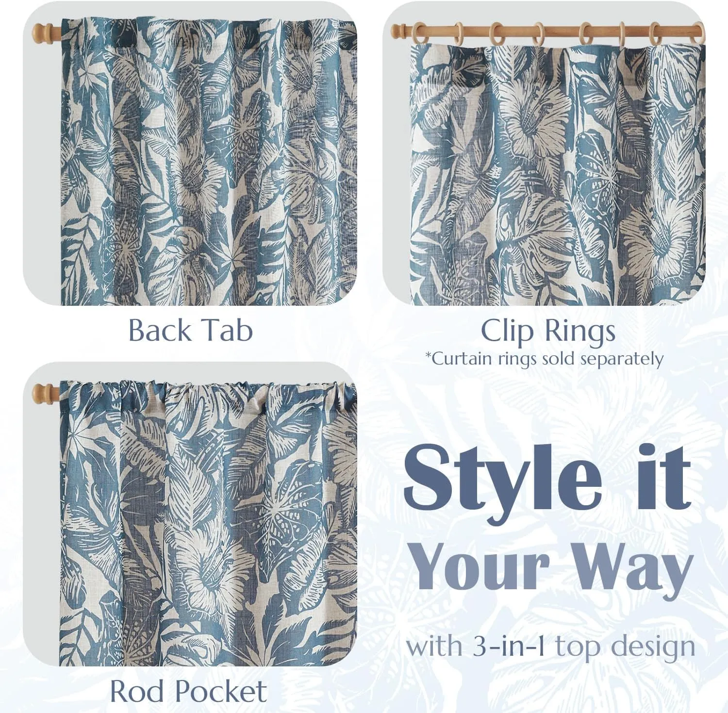 jinchan Thick Linen Curtains - 63 Inch Length Leaf Pattern Blue Floral Curtains for Living Room & Bedroom - William Morris Tropical French Country Farmhouse Style - Set of 2 Panels