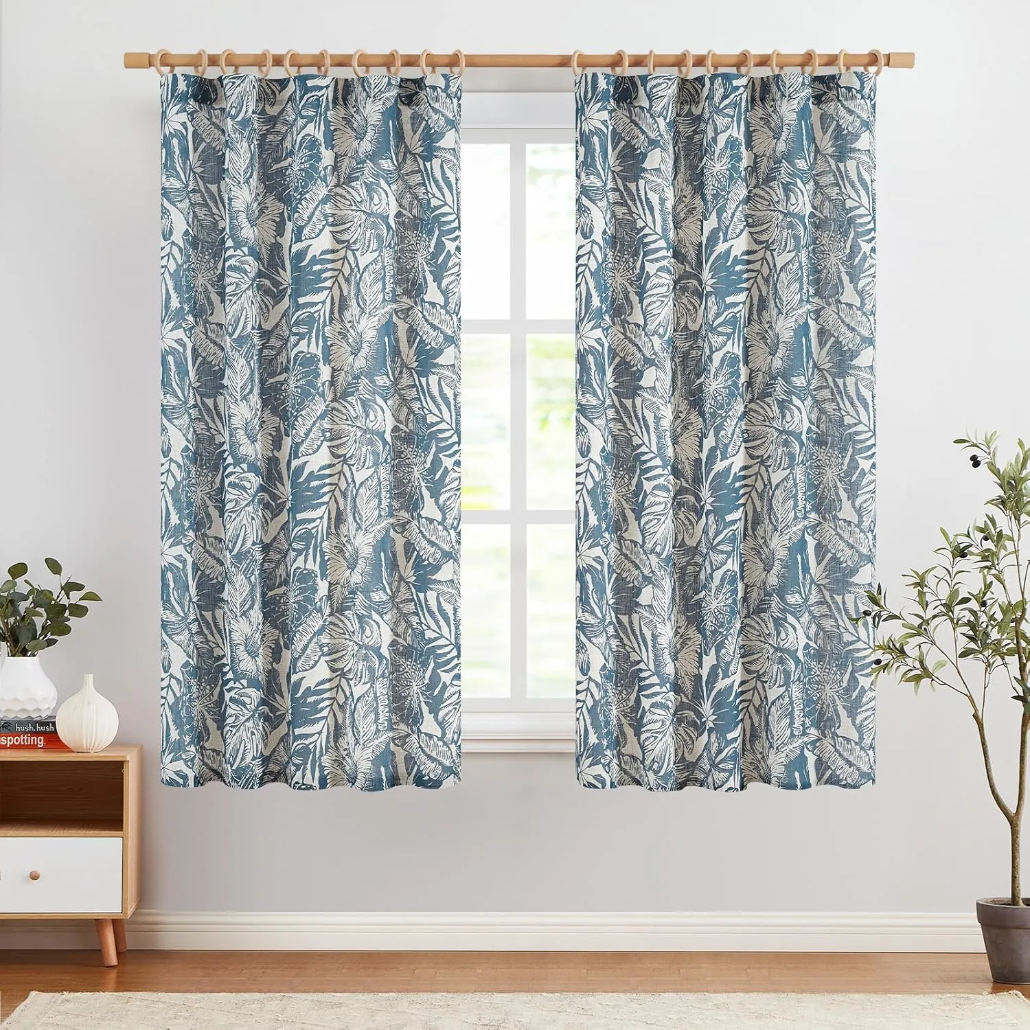 jinchan Thick Linen Curtains - 63 Inch Length Leaf Pattern Blue Floral Curtains for Living Room & Bedroom - William Morris Tropical French Country Farmhouse Style - Set of 2 Panels