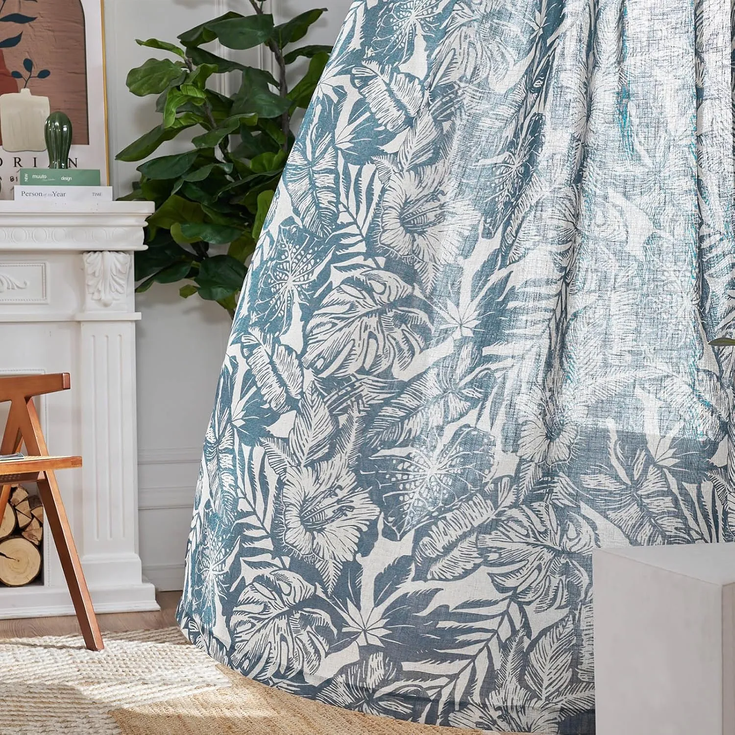 jinchan Thick Linen Curtains - 63 Inch Length Leaf Pattern Blue Floral Curtains for Living Room & Bedroom - William Morris Tropical French Country Farmhouse Style - Set of 2 Panels