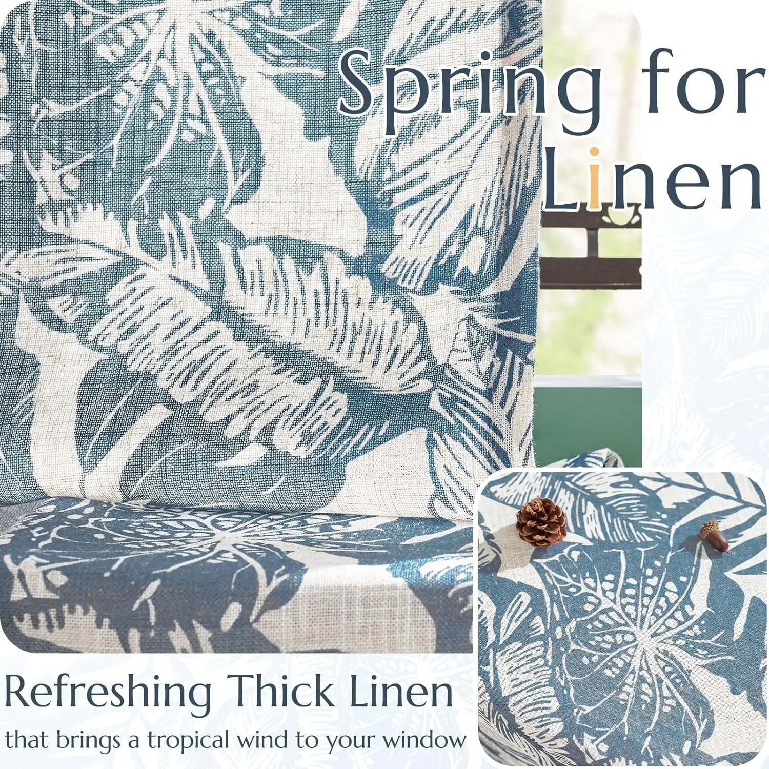 jinchan Thick Linen Curtains - 63 Inch Length Leaf Pattern Blue Floral Curtains for Living Room & Bedroom - William Morris Tropical French Country Farmhouse Style - Set of 2 Panels