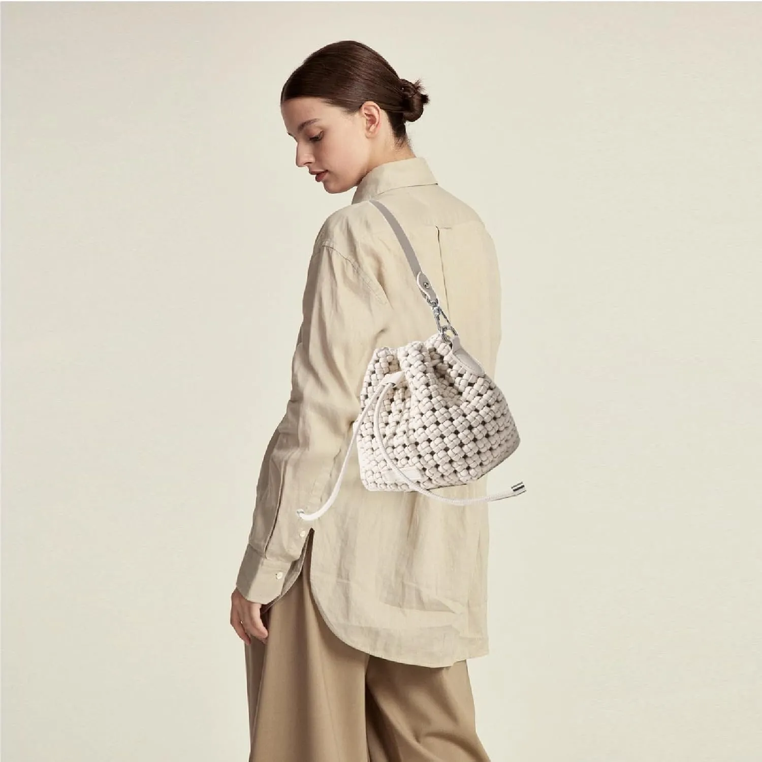 JINMANXUE Fashion Hollow Bucket Tote Bag For Women, Crossbody Female Handbag Woven Silk bag Leisure Leather Shoulder Bag