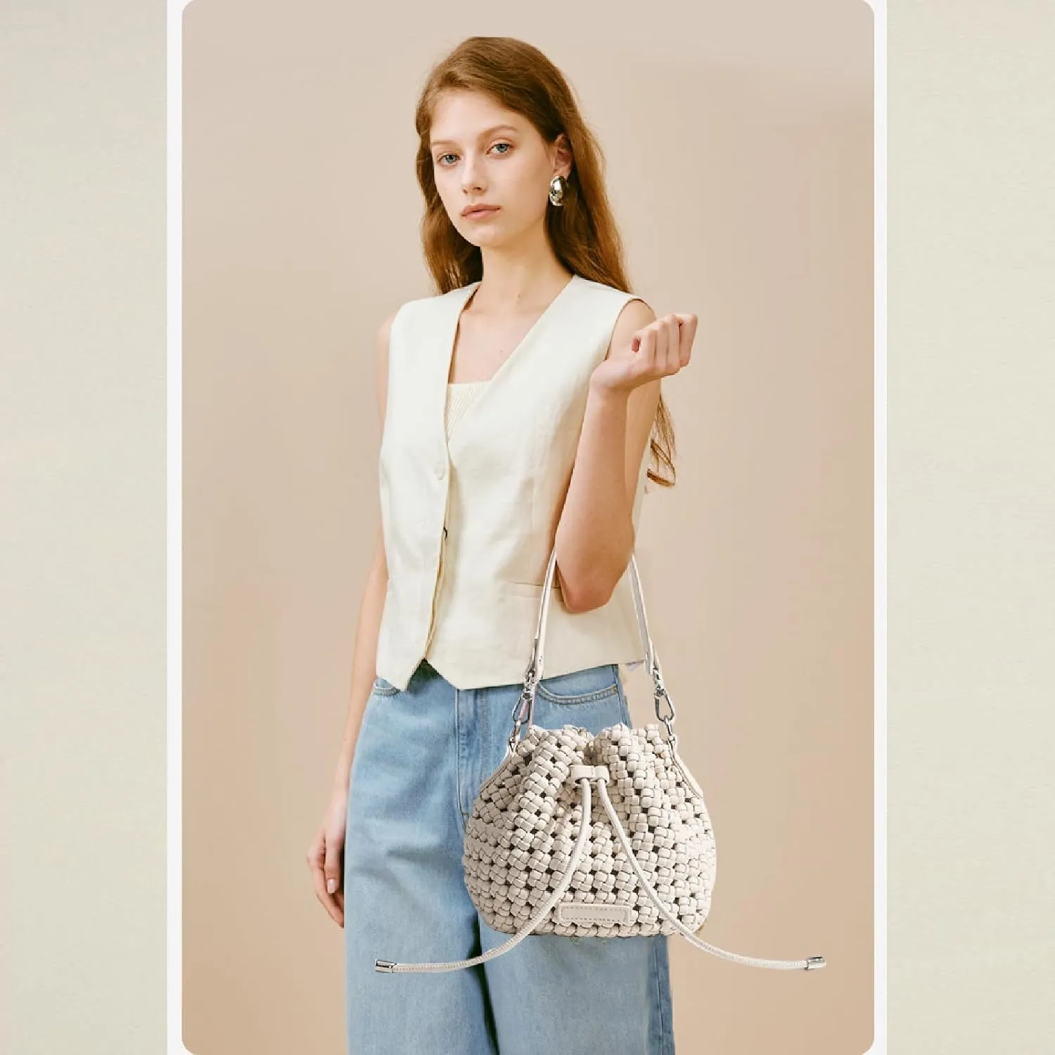 JINMANXUE Fashion Hollow Bucket Tote Bag For Women, Crossbody Female Handbag Woven Silk bag Leisure Leather Shoulder Bag