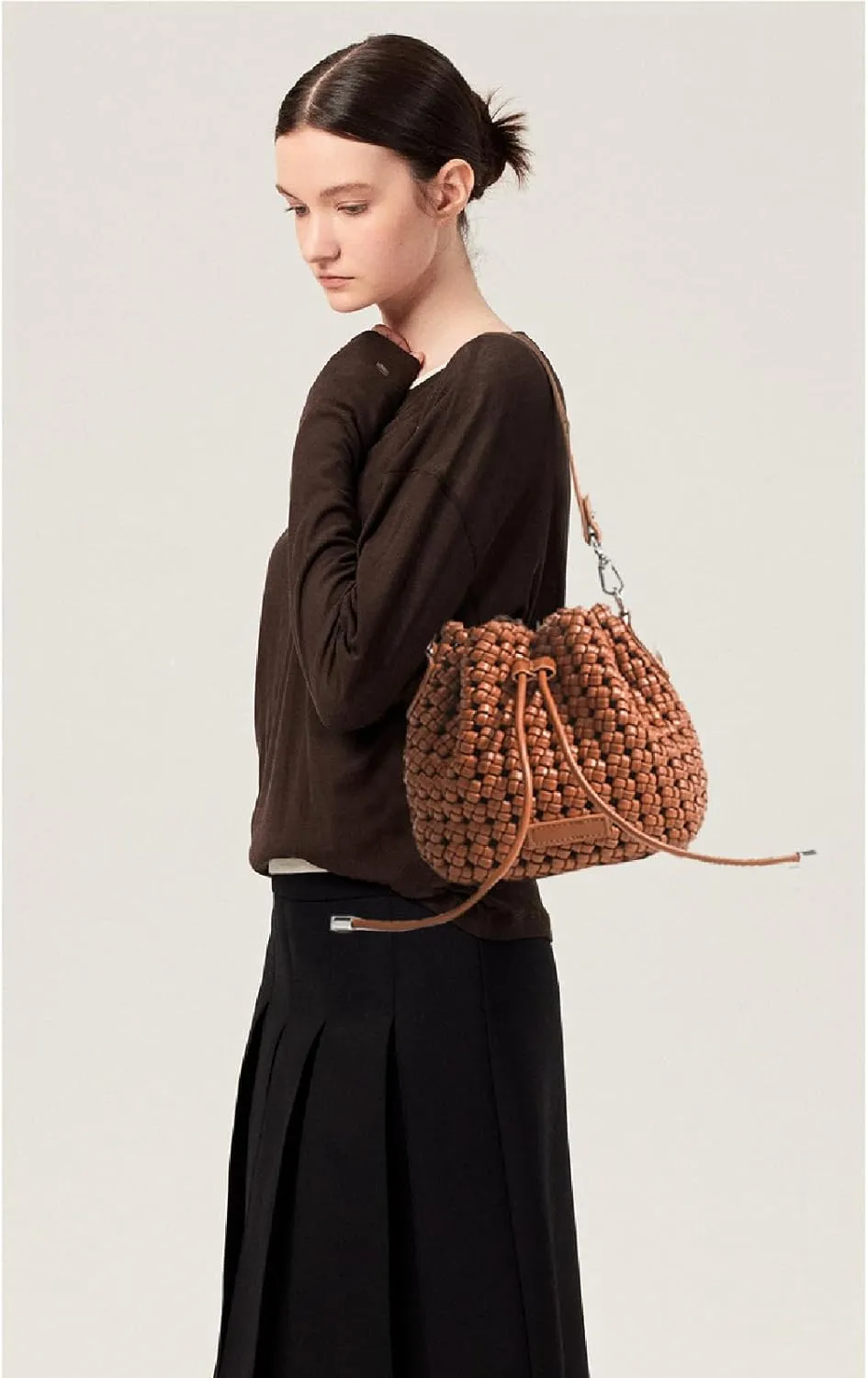 JINMANXUE Fashion Hollow Bucket Tote Bag For Women, Crossbody Female Handbag Woven Silk bag Leisure Leather Shoulder Bag