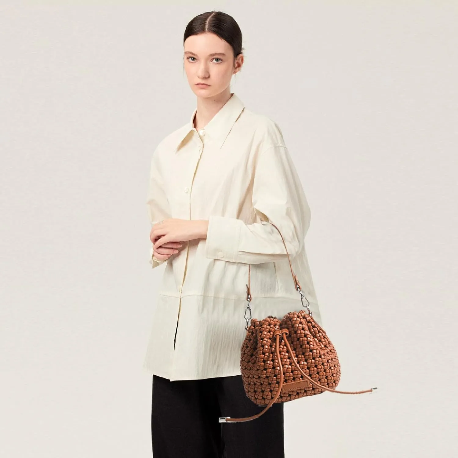 JINMANXUE Fashion Hollow Bucket Tote Bag For Women, Crossbody Female Handbag Woven Silk bag Leisure Leather Shoulder Bag