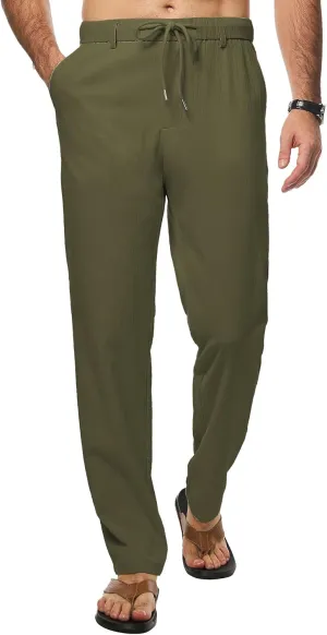 JMIERR Men's Linen Drawstring Pants Elastic Waist Drawstring Lightweight Trouser Casual Yoga Summer Beach Pant