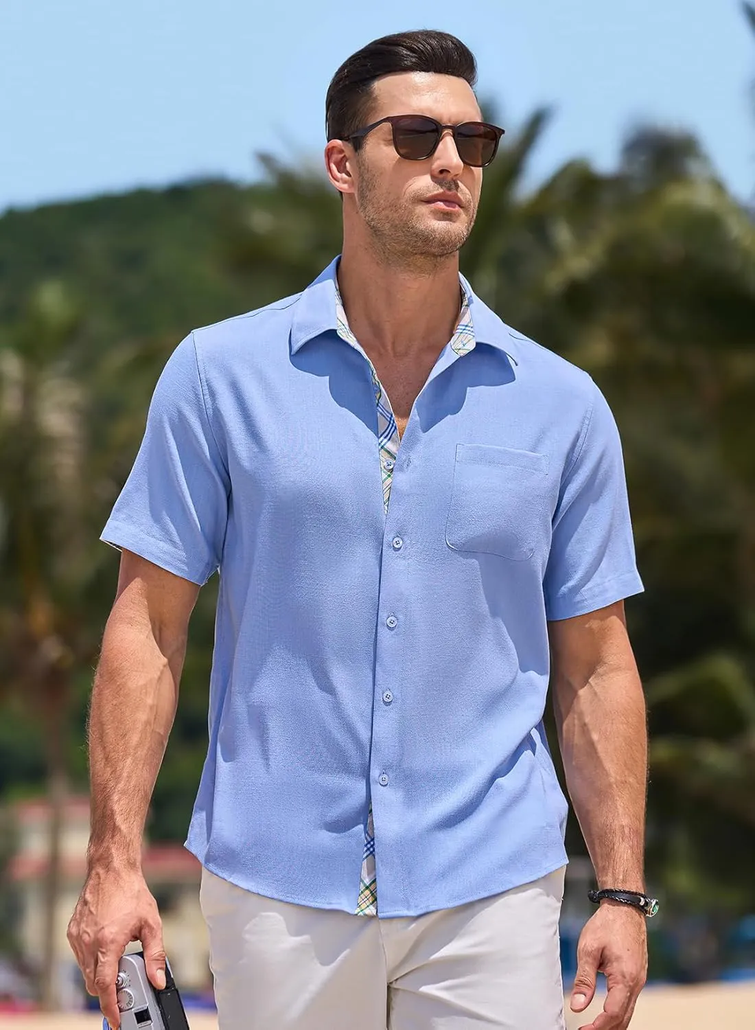 JMIERR Men‘s Linen Shirts Short Sleeve Summer Button Down Casual Beach Hawaiian Shirt with Pocket