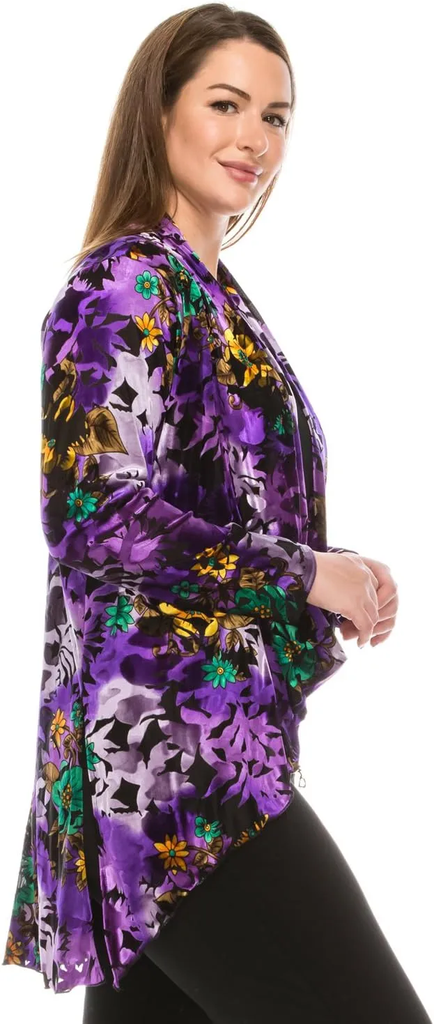 Jostar Women's Velvet Burnout Jacket - Long Sleeve Print Open Front Cardigan