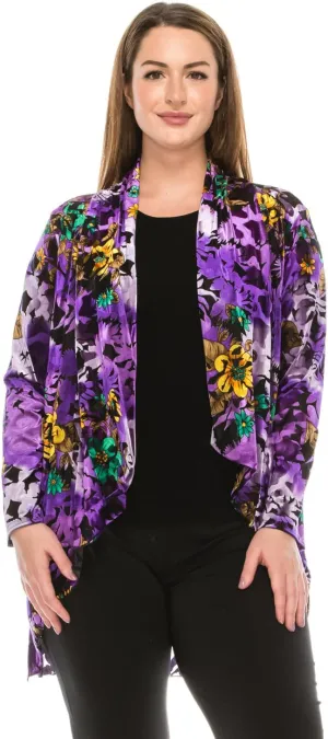 Jostar Women's Velvet Burnout Jacket - Long Sleeve Print Open Front Cardigan