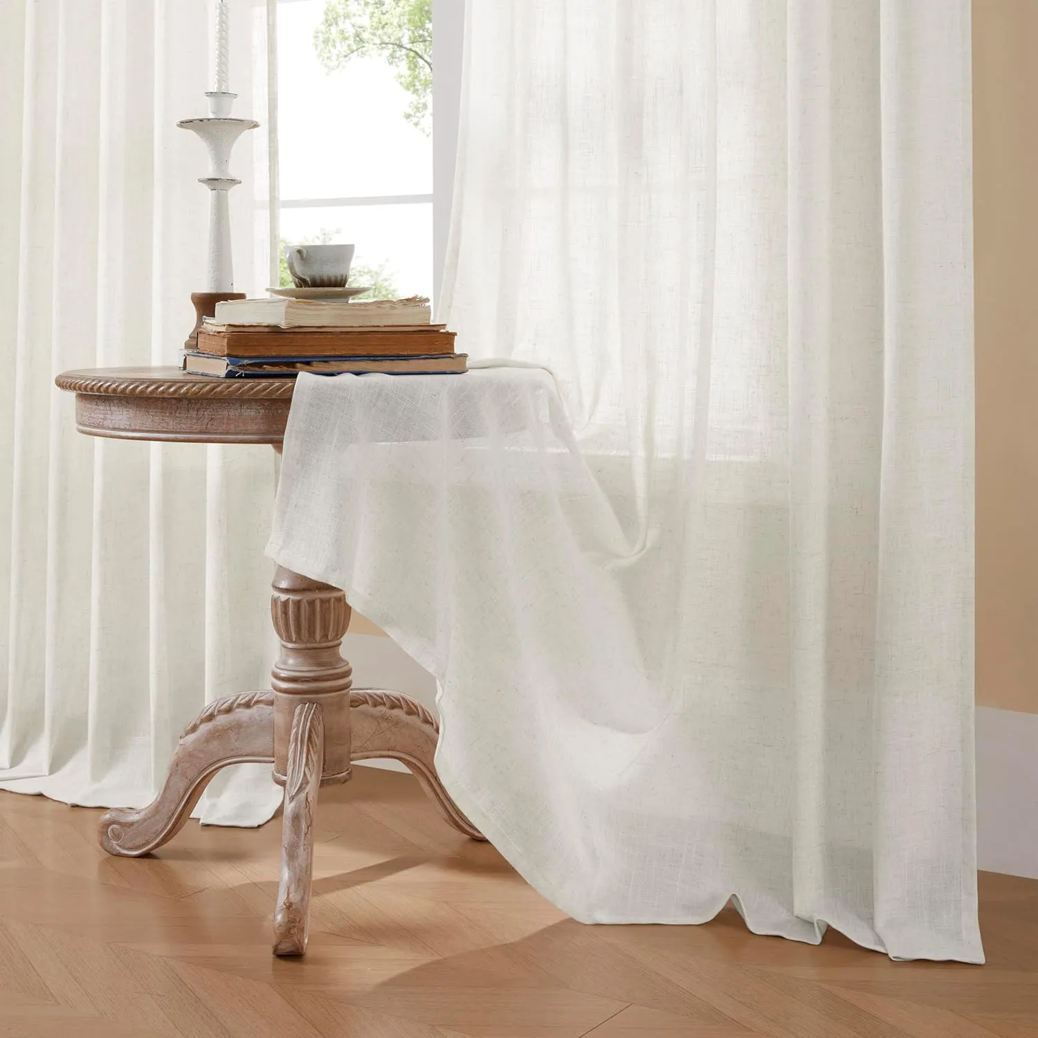 Joydeco Linen Curtains 96 Inch Length 2 Panel Sets for Living Room Bedroom, Light Filtreing Drapes with Back Tab Rod Pockets (96" L x 52" W, Beige)