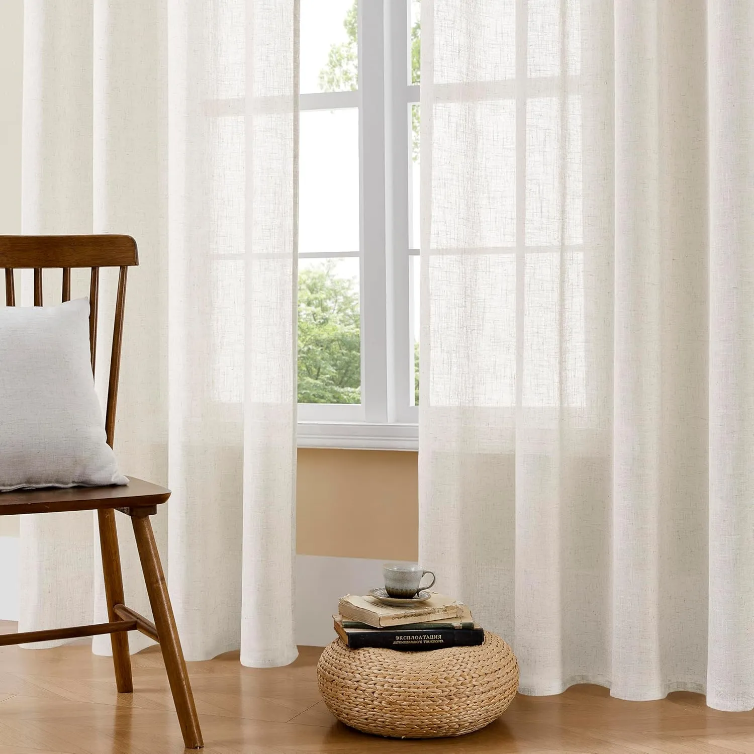 Joydeco Linen Curtains 96 Inch Length 2 Panel Sets for Living Room Bedroom, Light Filtreing Drapes with Back Tab Rod Pockets (96" L x 52" W, Beige)