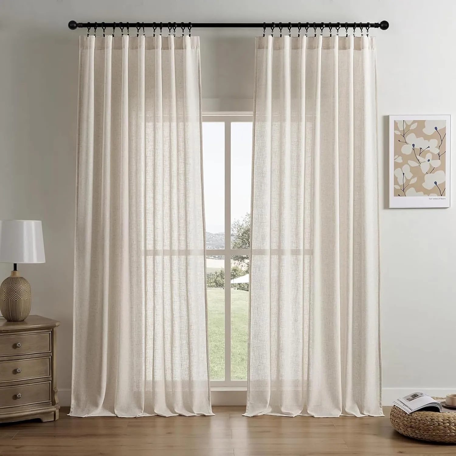Joydeco Linen Curtains 96 Inch Length 2 Panel Sets for Living Room Bedroom, Light Filtreing Drapes with Back Tab Rod Pockets (96" L x 52" W, Beige)