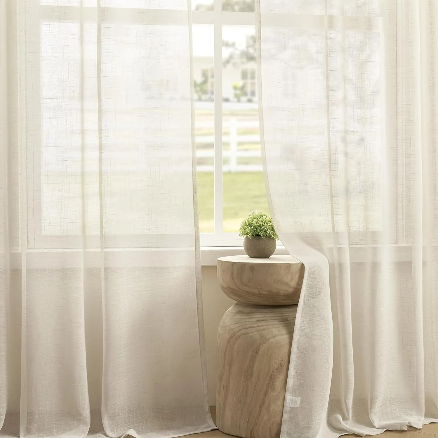 Joydeco Sheer Linen Curtains for Living Room, White Curtains 90 Inches Long 2 Panels Set, Rod Pocket Back Tab Window Privacy Assured with Light Filtering(W52 x L90 Inch,Linen)