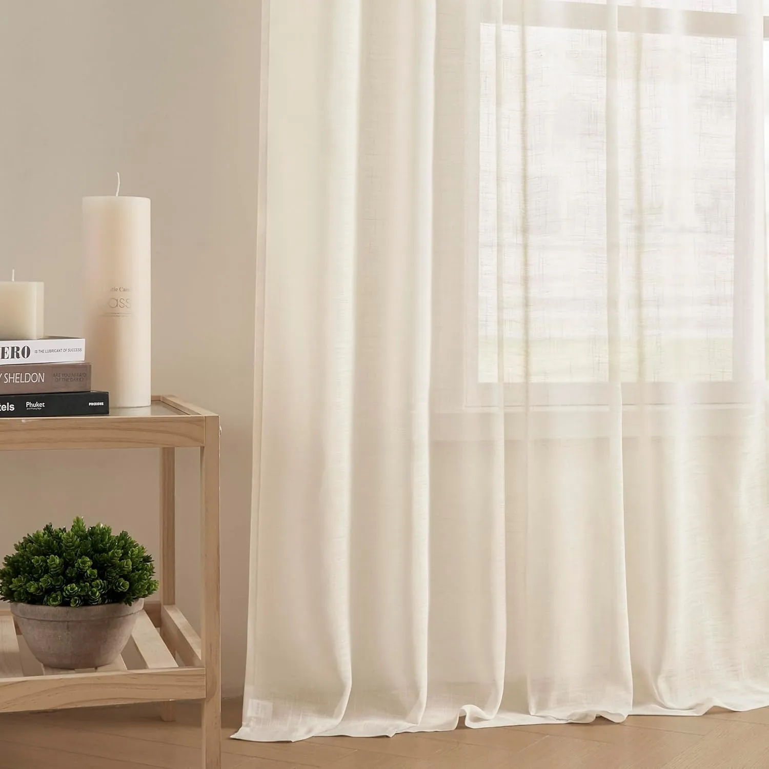 Joydeco Sheer Linen Curtains for Living Room, White Curtains 90 Inches Long 2 Panels Set, Rod Pocket Back Tab Window Privacy Assured with Light Filtering(W52 x L90 Inch,Linen)