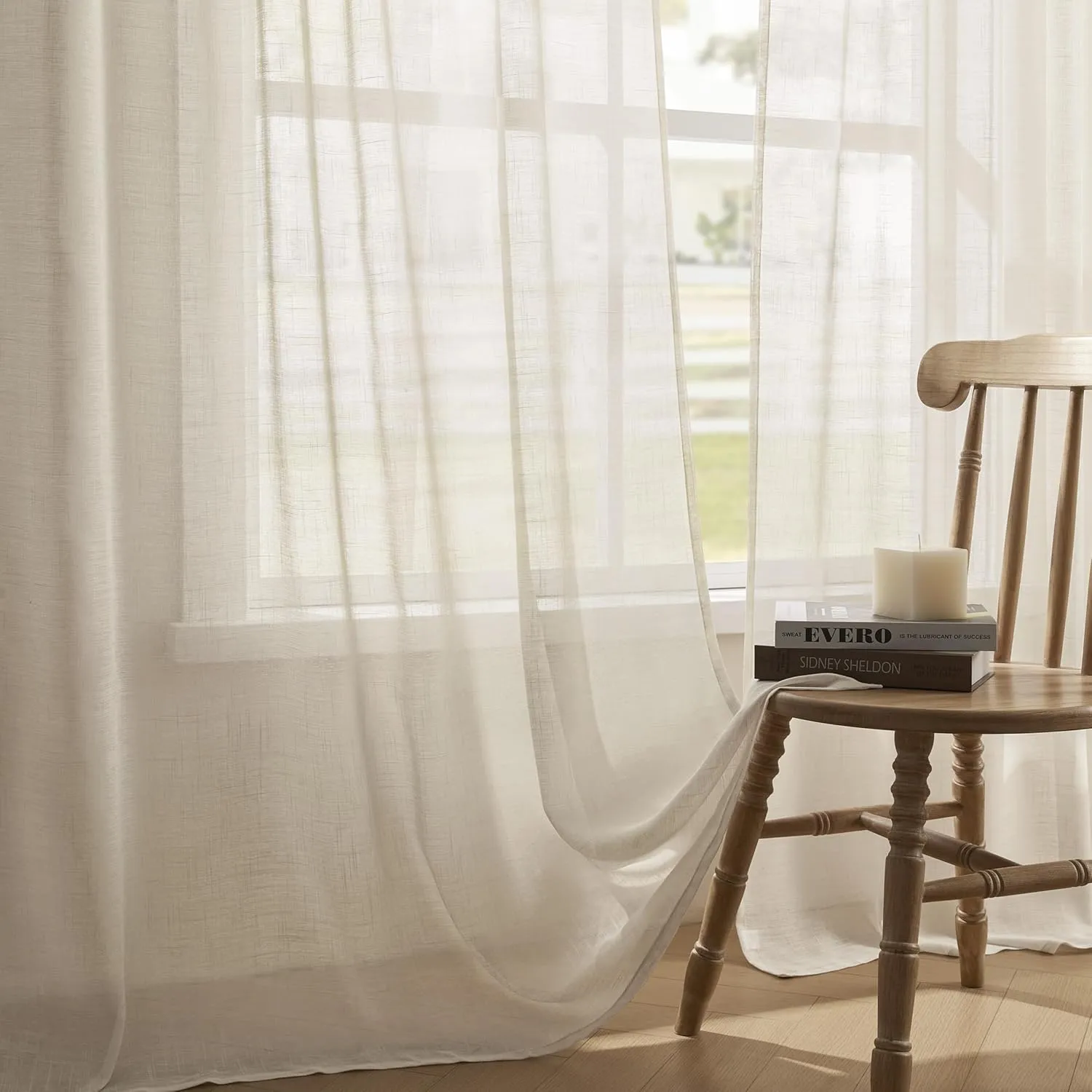 Joydeco Sheer Linen Curtains for Living Room, White Curtains 90 Inches Long 2 Panels Set, Rod Pocket Back Tab Window Privacy Assured with Light Filtering(W52 x L90 Inch,Linen)