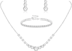 Jstyle Silver Jewelry Set for Women Rhinestone Crystal Necklace Drop Earrings Link Bangle Bracelet Bridal Wedding Jewelry Sets for Brides Bridemaid Prom Costume Accessories