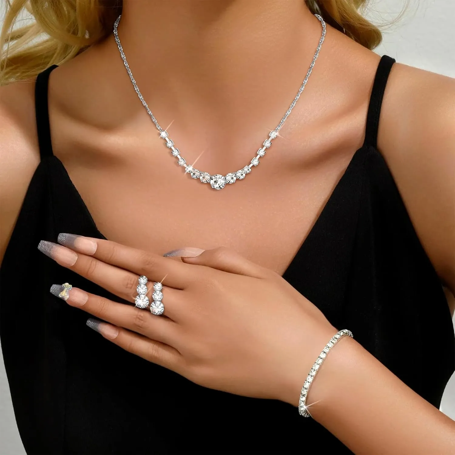 Jstyle Silver Jewelry Set for Women Rhinestone Crystal Necklace Drop Earrings Link Bangle Bracelet Bridal Wedding Jewelry Sets for Brides Bridemaid Prom Costume Accessories