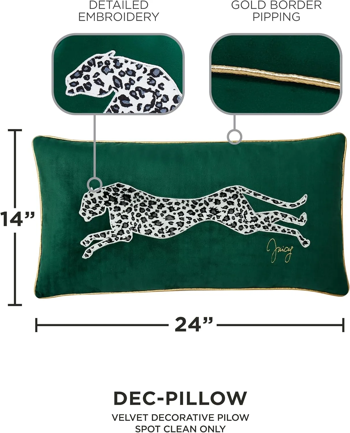 Juicy Couture Rectangle 1-Piece Decorative Accent, Premium Reversible Throw Pillow, Living Room and Bedroom Décor, 14"x24", Green