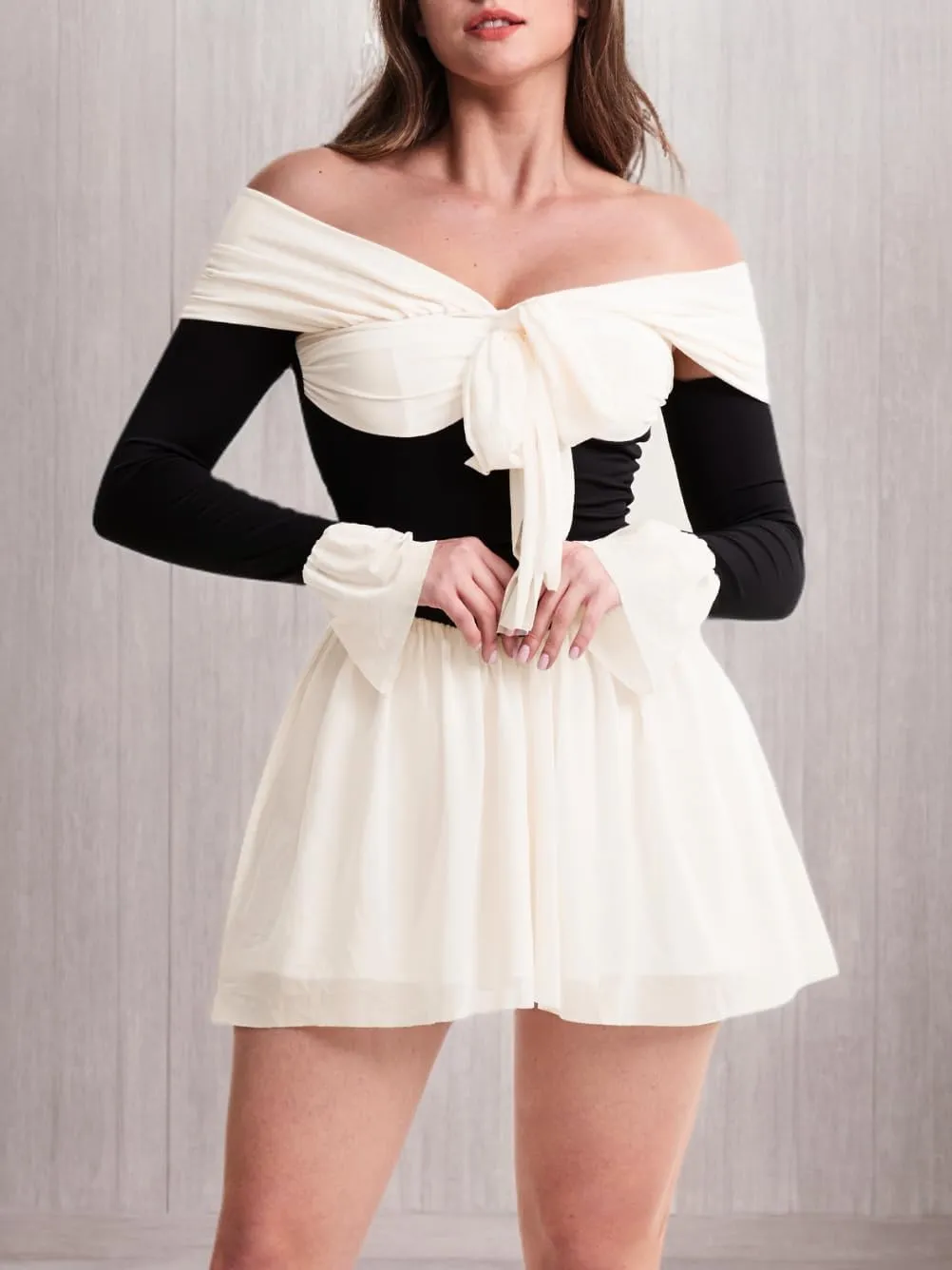 Kaei&Shi Date Night Dresses for Women, Cute Tulle Bell Flare, Homecoming Birthday Dinner, Sexy Off Shoulder Mini Long Sleeve