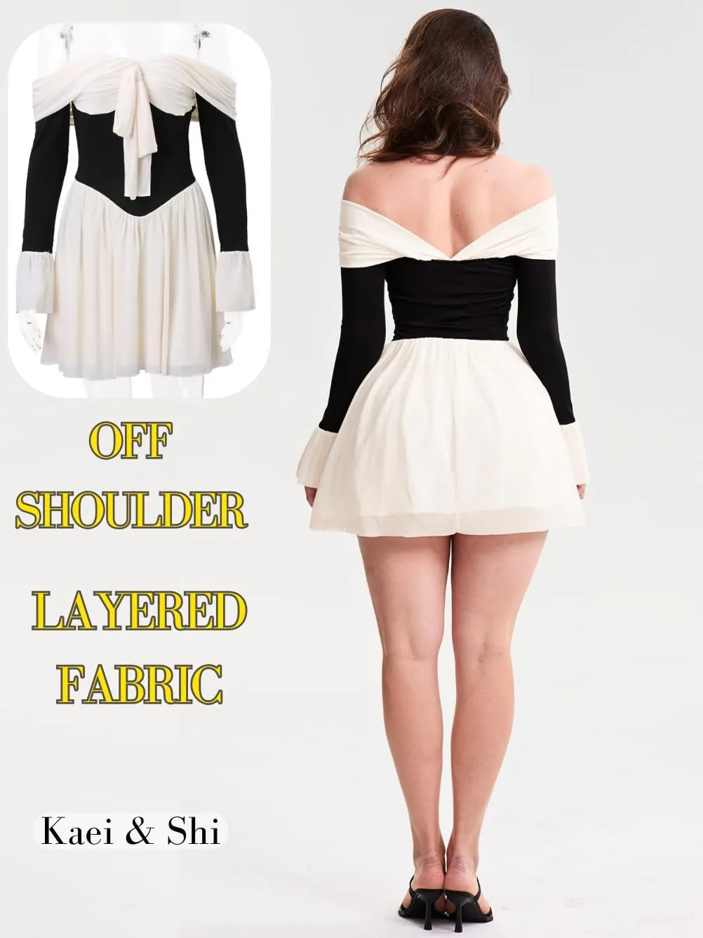 Kaei&Shi Date Night Dresses for Women, Cute Tulle Bell Flare, Homecoming Birthday Dinner, Sexy Off Shoulder Mini Long Sleeve