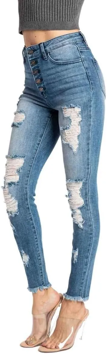 Kan Can Women's High Rise Button Fly Distressed Super Skinny Jeans
