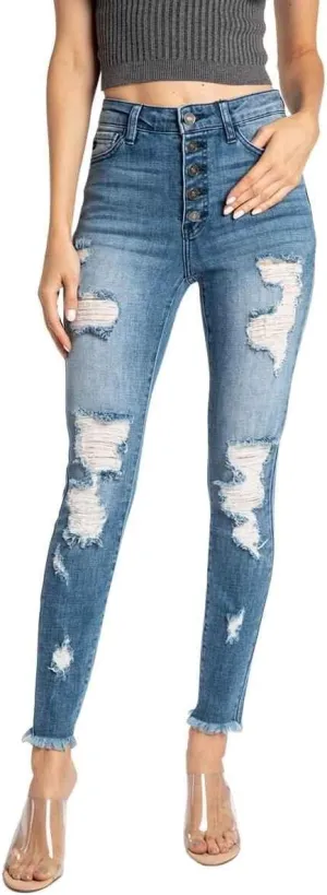 Kan Can Women's High Rise Button Fly Distressed Super Skinny Jeans