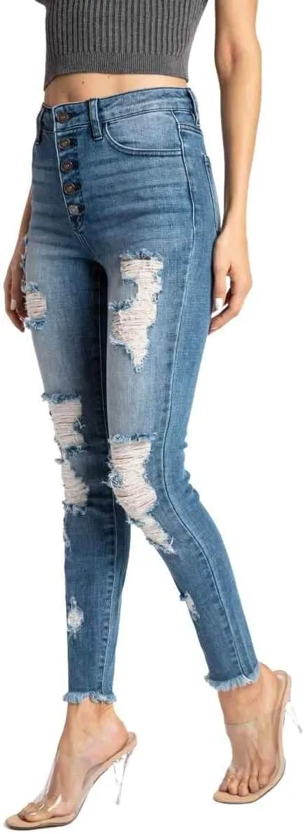 Kan Can Women's High Rise Button Fly Distressed Super Skinny Jeans