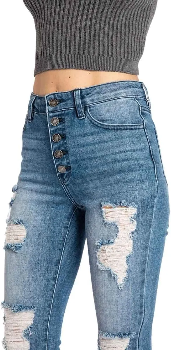 Kan Can Women's High Rise Button Fly Distressed Super Skinny Jeans