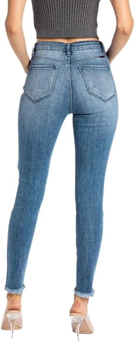 Kan Can Women's High Rise Button Fly Distressed Super Skinny Jeans