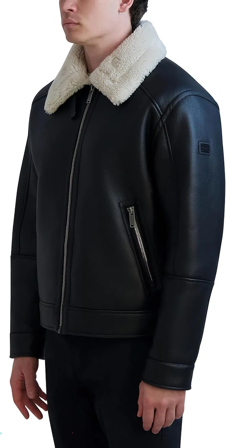 KARL LAGERFELD Paris Men's Faux Shearling Trim Aviator Jacket