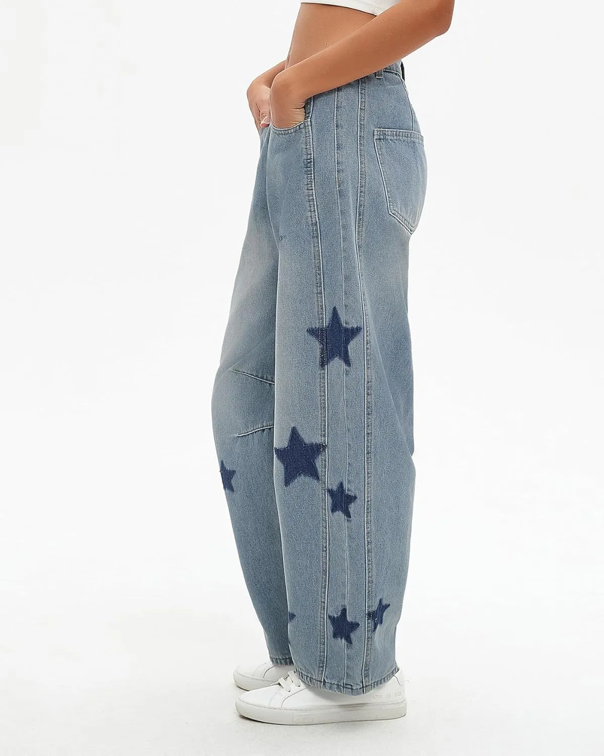 Kedera Women's Barrel Boyfriend Baggy Star Print Jeans Denim Pants Mid Rise Wide Leg Y2K Horseshoe Jeans Trendy