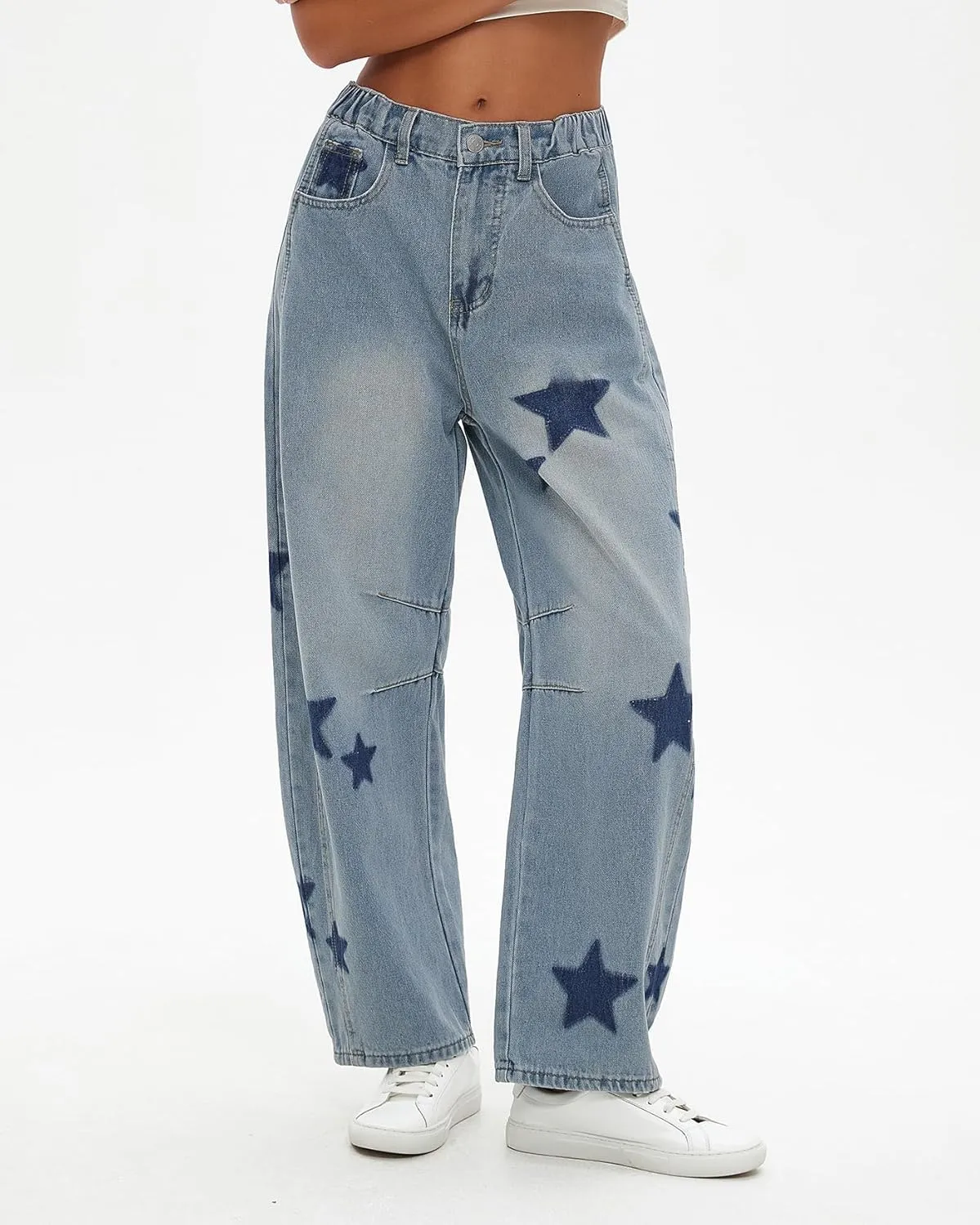 Kedera Women's Barrel Boyfriend Baggy Star Print Jeans Denim Pants Mid Rise Wide Leg Y2K Horseshoe Jeans Trendy