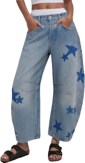 Kedera Women's Barrel Boyfriend Baggy Star Print Jeans Denim Pants Mid Rise Wide Leg Y2K Horseshoe Jeans Trendy