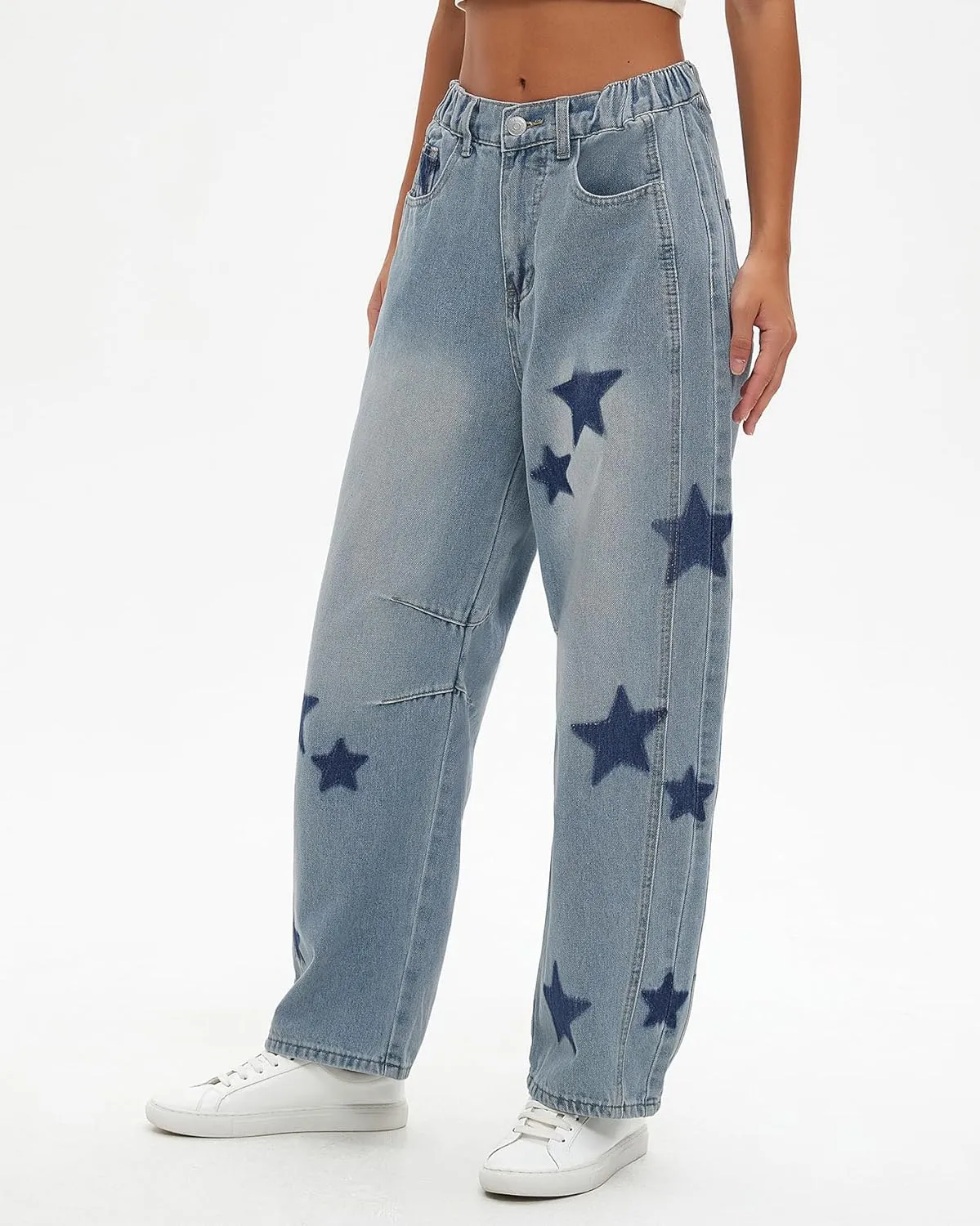 Kedera Women's Barrel Boyfriend Baggy Star Print Jeans Denim Pants Mid Rise Wide Leg Y2K Horseshoe Jeans Trendy
