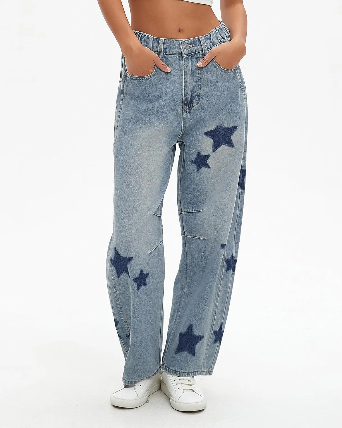 Kedera Women's Barrel Boyfriend Baggy Star Print Jeans Denim Pants Mid Rise Wide Leg Y2K Horseshoe Jeans Trendy