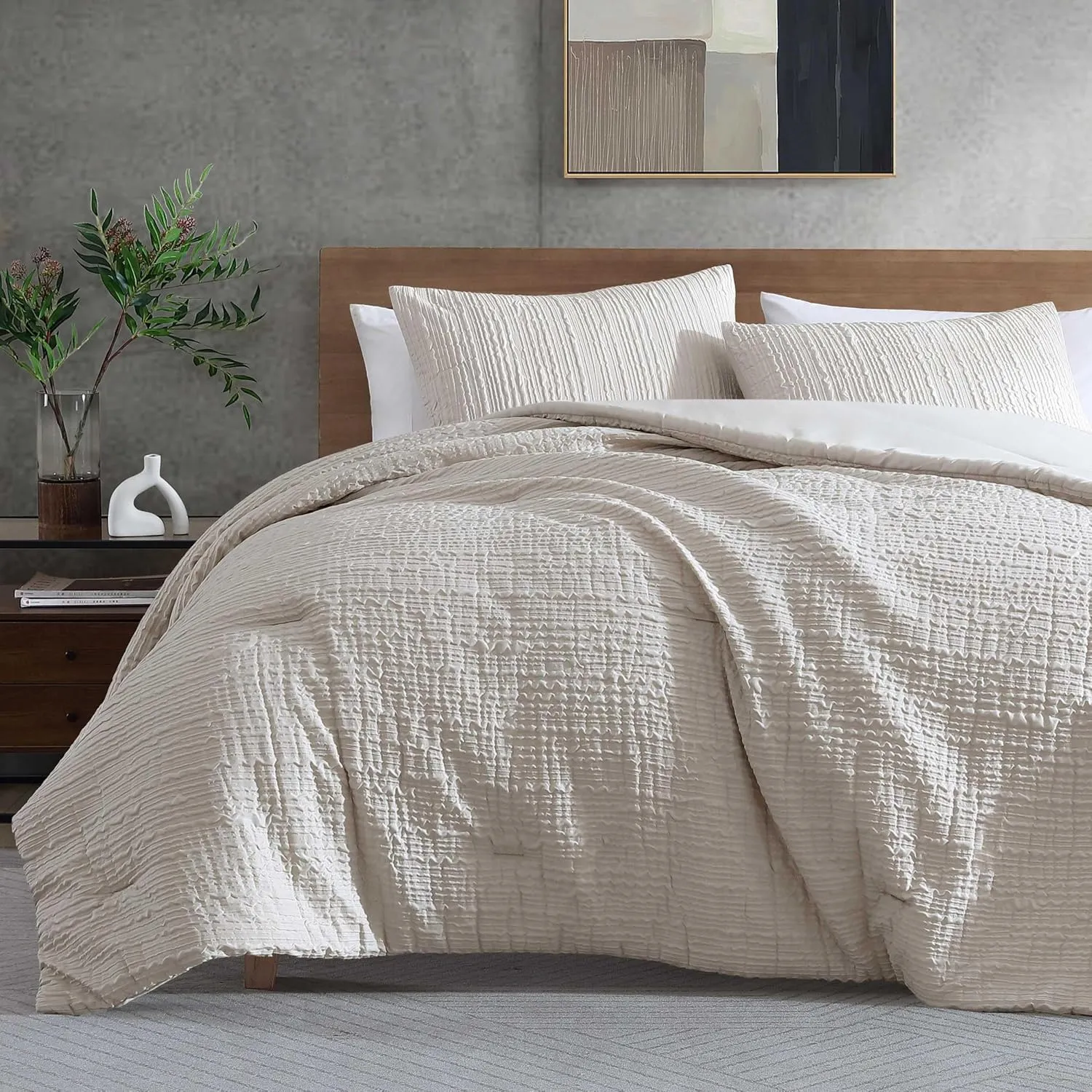 Kenneth Cole - King Comforter Set, Soft Bedding with Matching Shams, Embossed Modern Home Decor (Serenity Wavy Lines Beige, King)