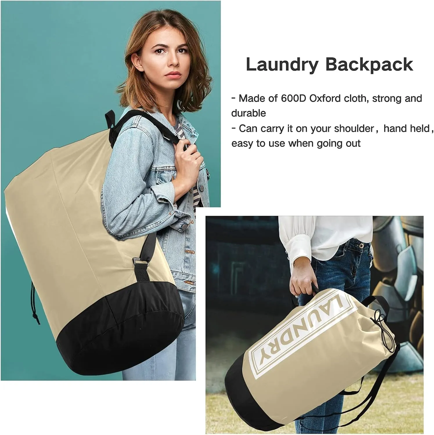 Khaki Laundry Backpack Large Heavy Duty Laundry Bag with Shoulder Straps Waterproof Laundry bag for Traveling Camp Dirty Clothes Organizer for College Students
