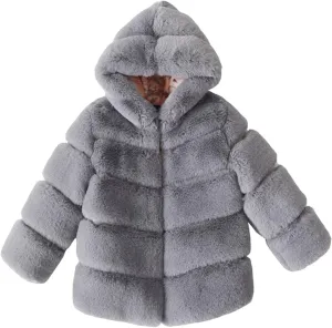 Kids Girls Warm Hooded Faux Fur Fleece Jacket Coat Thick Furry Fuzzy Jacket Outerwear Toddler Girls Winter Overcoat