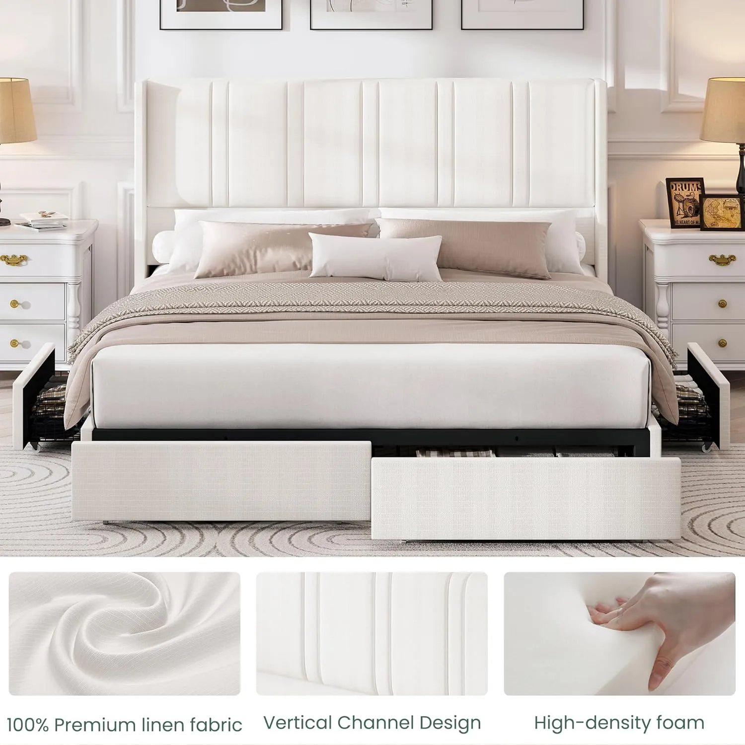 King Size Bed Frame with 4 Storage Drawers and Wingback Headboard Linen Upholstered Platform Bed Frame with Wooden Slats, Easy Assembly, White